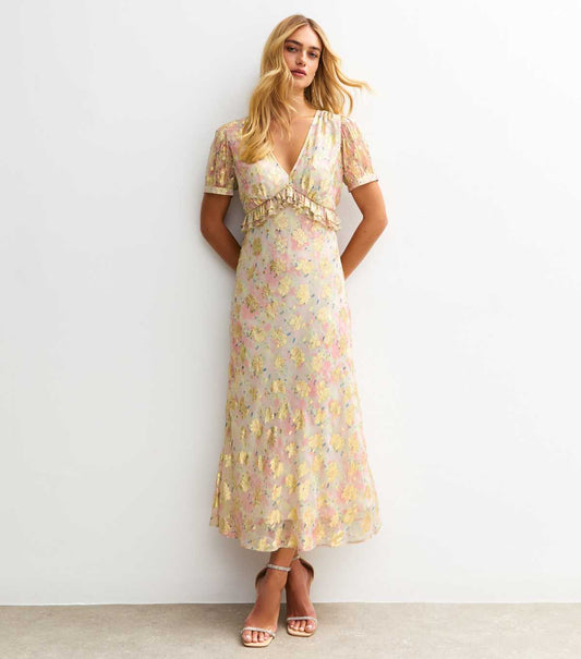Pink Metallic Jacquard Puff Sleeve Midi Dress