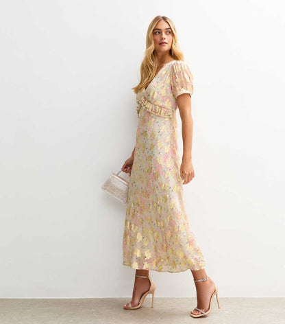 Pink Metallic Jacquard Puff Sleeve Midi Dress
