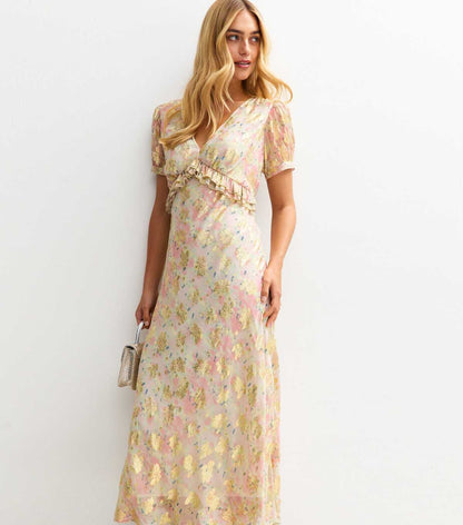 Pink Metallic Jacquard Puff Sleeve Midi Dress