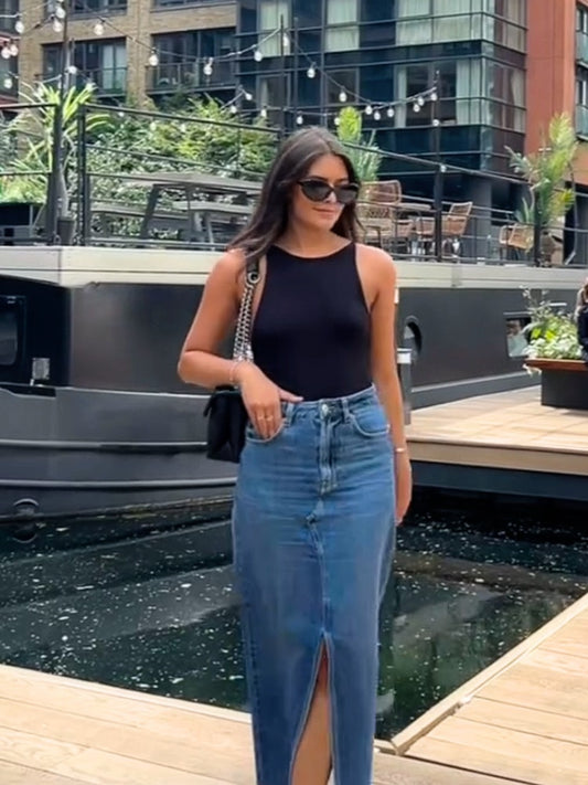 High Waisted Denim Maxi Skirt