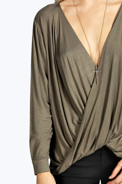 Plunge Neck Drape Long Sleeved Top