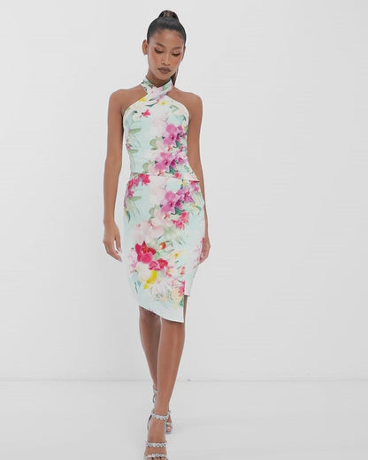 Eden Print Halterneck Bodycon Dress Blue