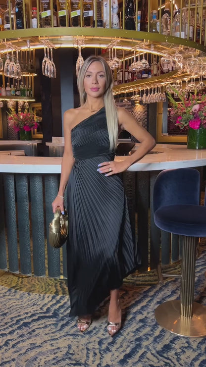Black One Shoulder Pleated Satin Midi Dress