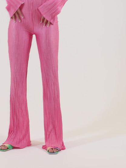Pink Plisse Flare Trousers