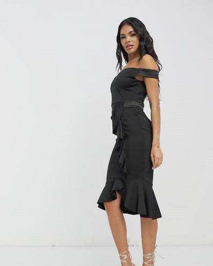 Satin Bardot Dress Black