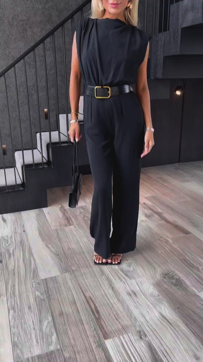 Black Boat Neck Belted Wide Leg Jumpsuit