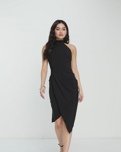 Halter Neck Asymmetric Bodycon Dress Black