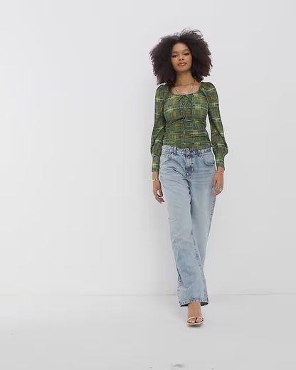 Glamorous ruched front puff sleeve blouse in green check