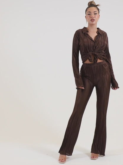 Flared Plisse Trousers Chocolate Brown