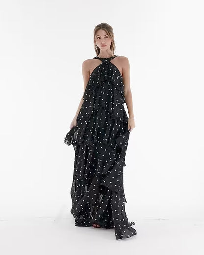 Vero Moda Polka Dot Ruffle Halter Neck Maxi Dress - Black