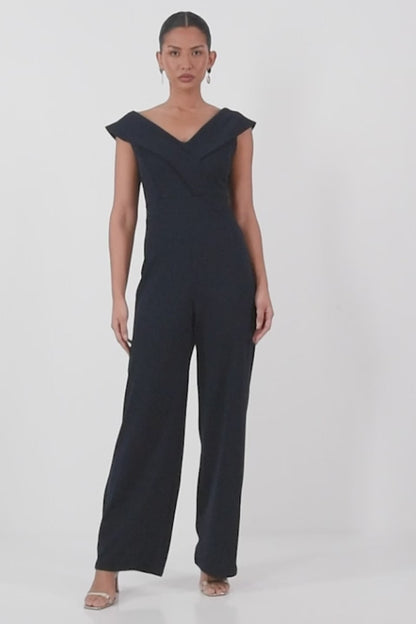 Navy Bardot Wide Leg Jumpsuit