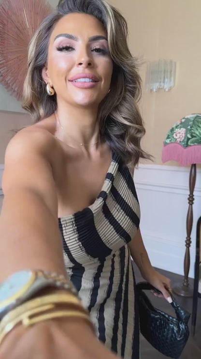 Beige Striped Print One Shoulder Pleated Midi Dress