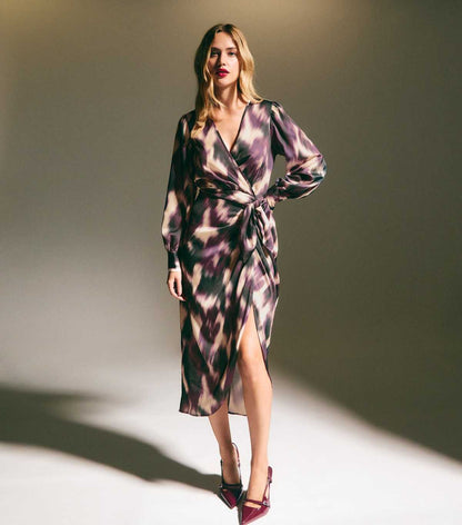 Purple Abstract Print Satin Wrap Midi Dres