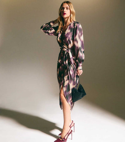 Purple Abstract Print Satin Wrap Midi Dres