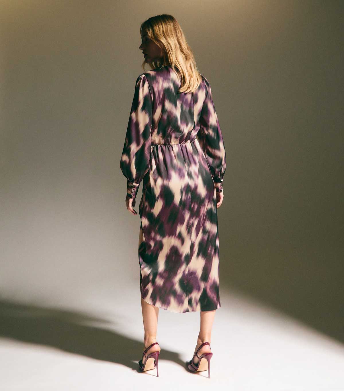 Purple Abstract Print Satin Wrap Midi Dres