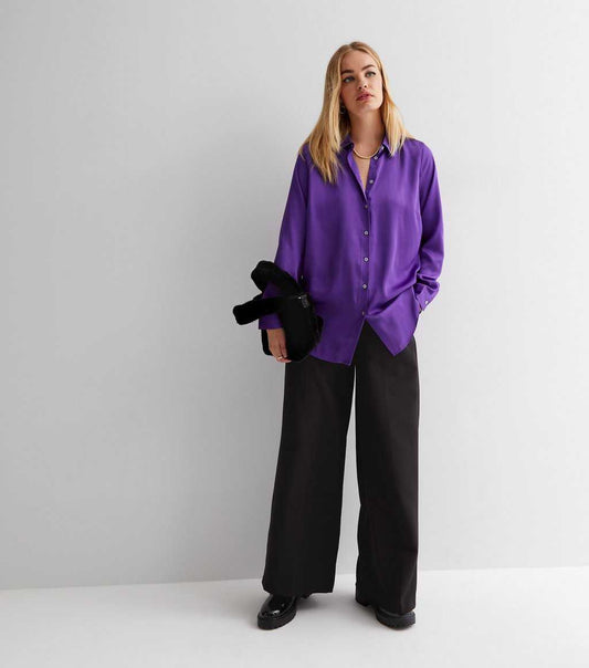 Purple Satin Long Sleeve Oversized Shirt