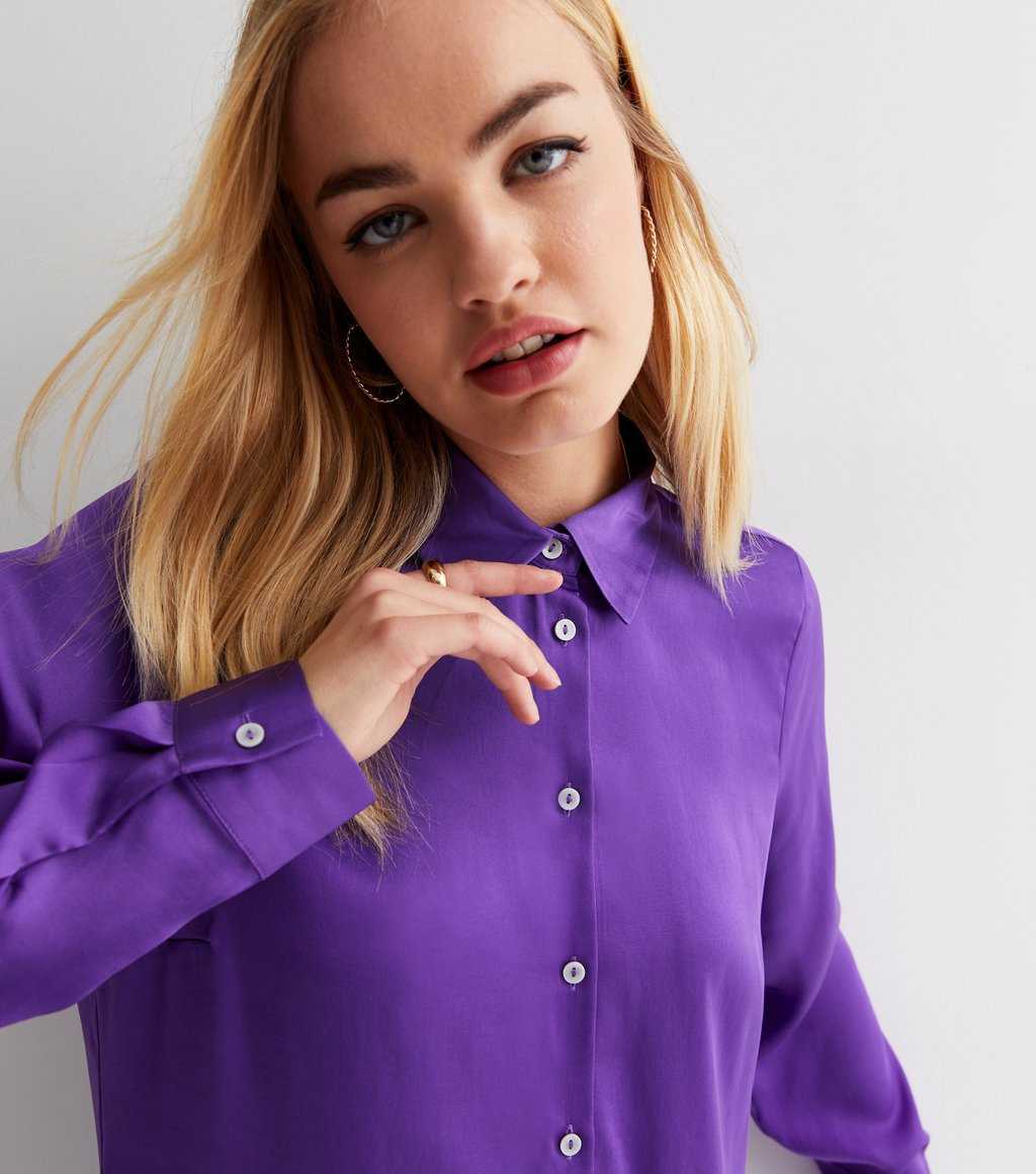 Purple Satin Long Sleeve Oversized Shirt