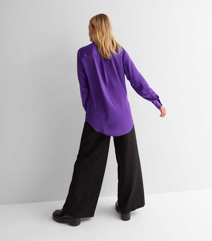 Purple Satin Long Sleeve Oversized Shirt