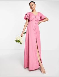 Bridesmaid Satin Maxi Flutter Sleeves Dress