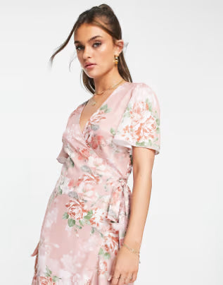 Pink Floral  Print Wrap Midi