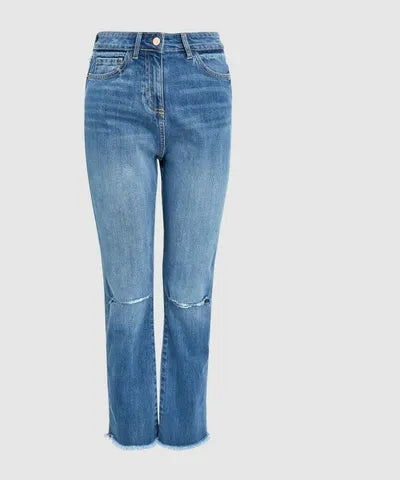 Mid Blue High Waist Straight Leg Rip Jeans