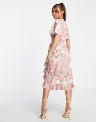 Pink Floral  Print Wrap Midi