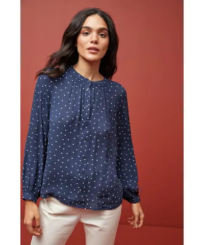 Navy Spot Smock Neck Blouse