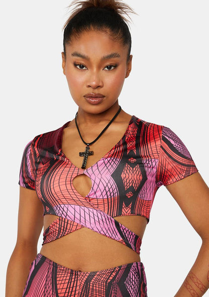 Abstract Print Cutout Wrap Top