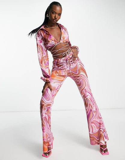 Satin Flared Pants in Pink Swirl Print
