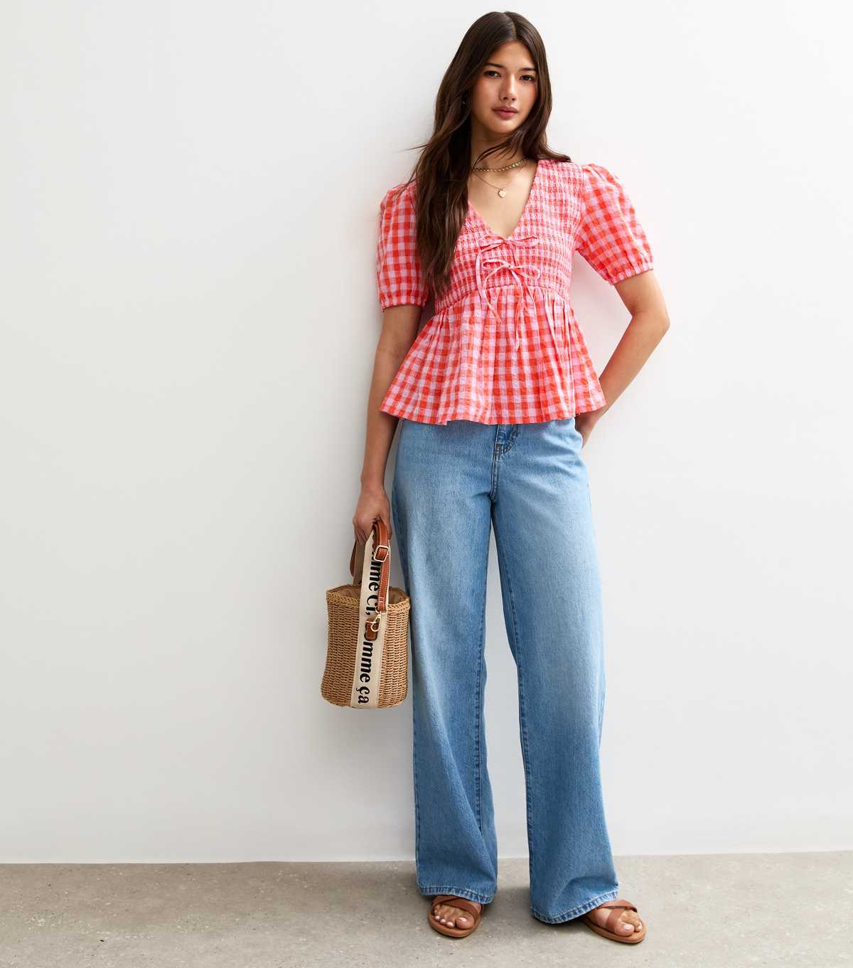 Red Textured Gingham Print Shirred Tie Top