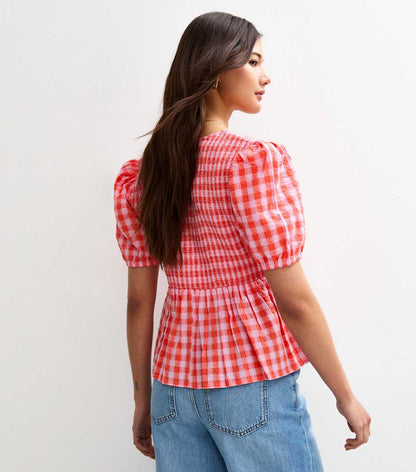 Red Textured Gingham Print Shirred Tie Top