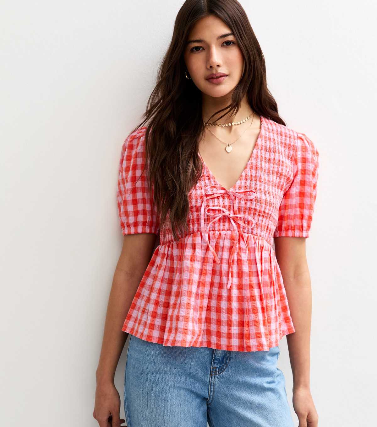 Red Textured Gingham Print Shirred Tie Top
