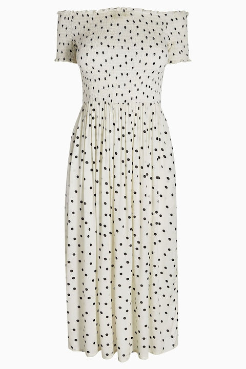 Polka Dot Shirred Midi Dress