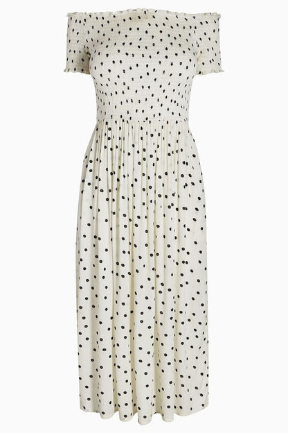 Polka Dot Shirred Midi Dress