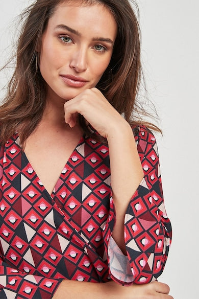 Red Geometric Wrap Dress