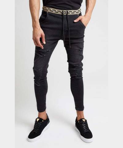 Elasticated Waist Skinny Distressed Denim Black