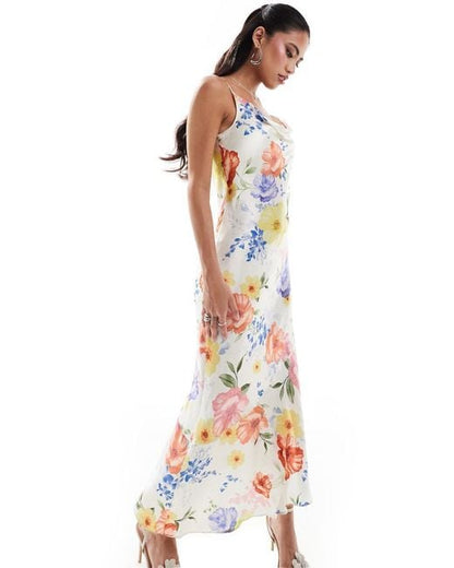 Cami Sleeve Floral Satin Bias Midi Dress