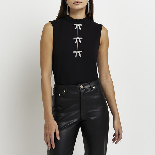 Diamante Bow Stretch Top Black