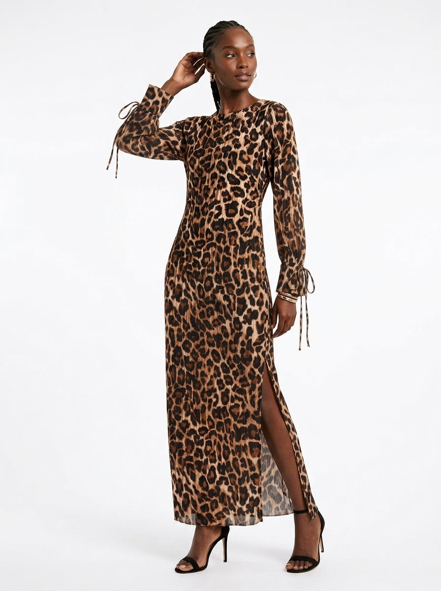 Leopard Print Plisse Maxi Dress