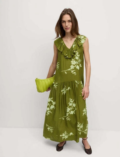V Neck Frill Detail Midaxi Dress