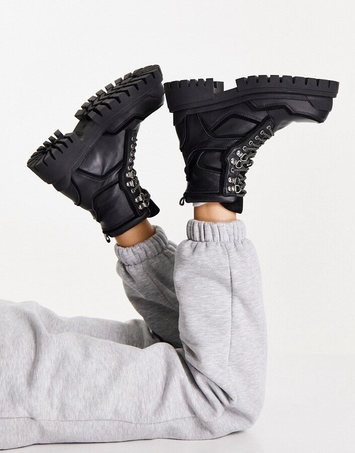 Alex Leather Chunky Lace Up Boot In Black