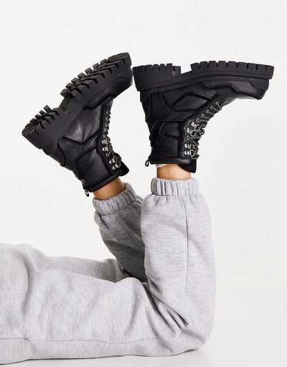 Alex Leather Chunky Lace Up Boot In Black