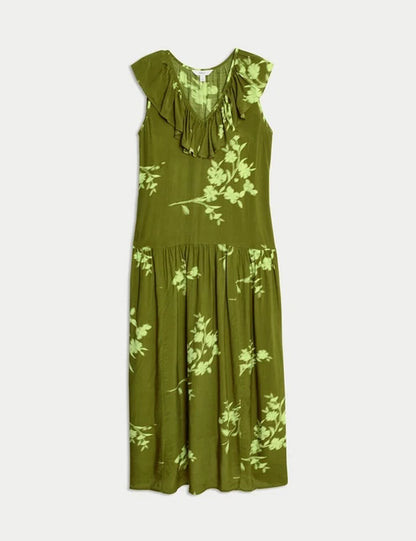 V Neck Frill Detail Midaxi Dress