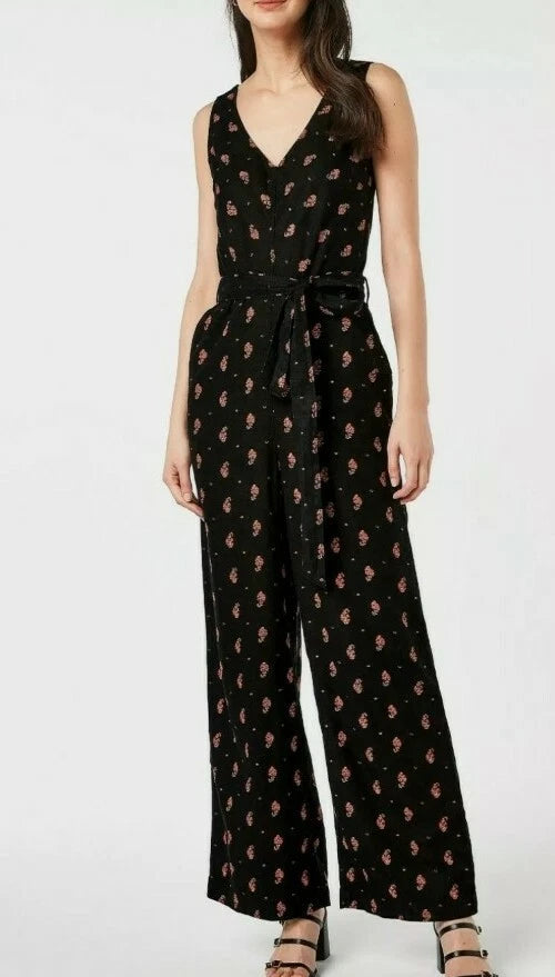Black Floral Print Linen Blend Jumpsuit