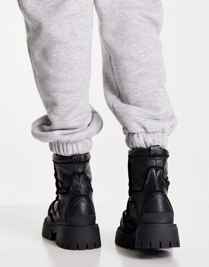 Topshop Alex Leather Chunky Lace Up Boot in Black