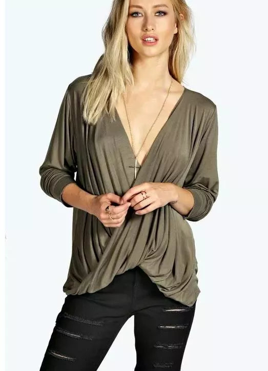 Plunge Neck Drape Long Sleeved Top