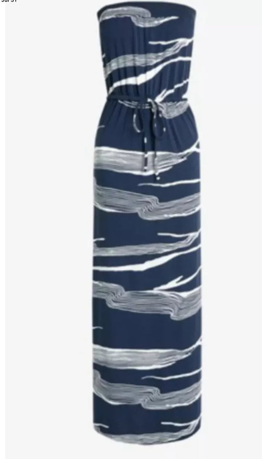 Navy Blue Stripe Print Bandeau Strapless Maxi Dress