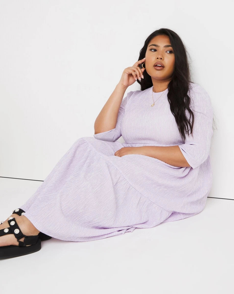 Lilac Gingham Waffle Tiered Midi Dress
