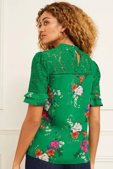 Lace Mix Yoke High Neck Ruffle Sleeve Top Green