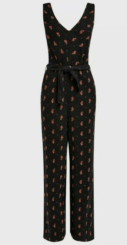 Black Floral Print Linen Blend Jumpsuit